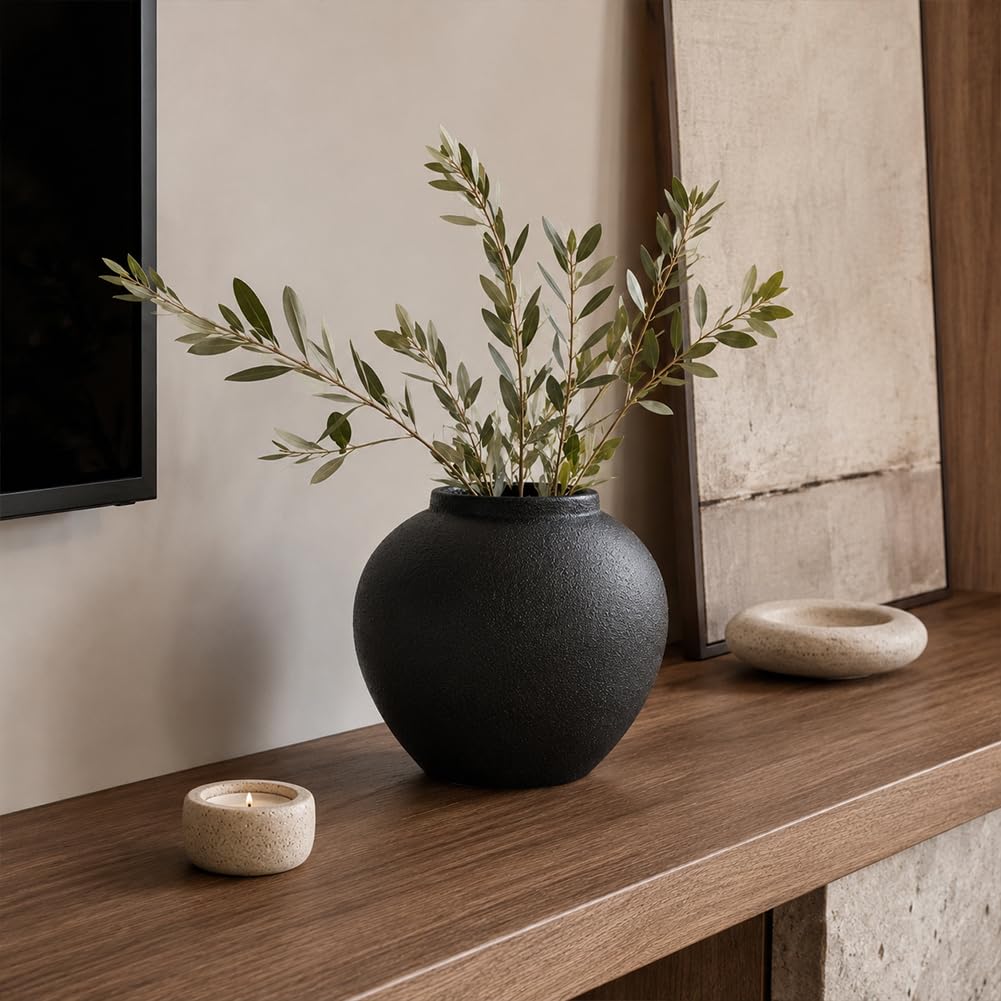 Mattschwarze Keramikvase ca. 21 cm, Moderne rustikale Deko Vase für Pampasgras, Blumen und Grün, Runde Tischvase als Centerpiece für Wohnzimmer, Flur und Regal