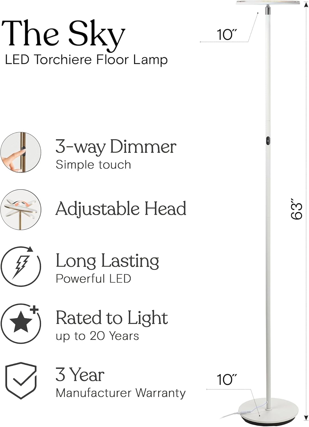 Brightech Sky LED Floor lamp, Torchiere Super Bright Floor Lamp for Living Room Decor & Office - Dimmable, Tall Standing Lamp with Warm Light for Bedroom & Reading - White - Image 3