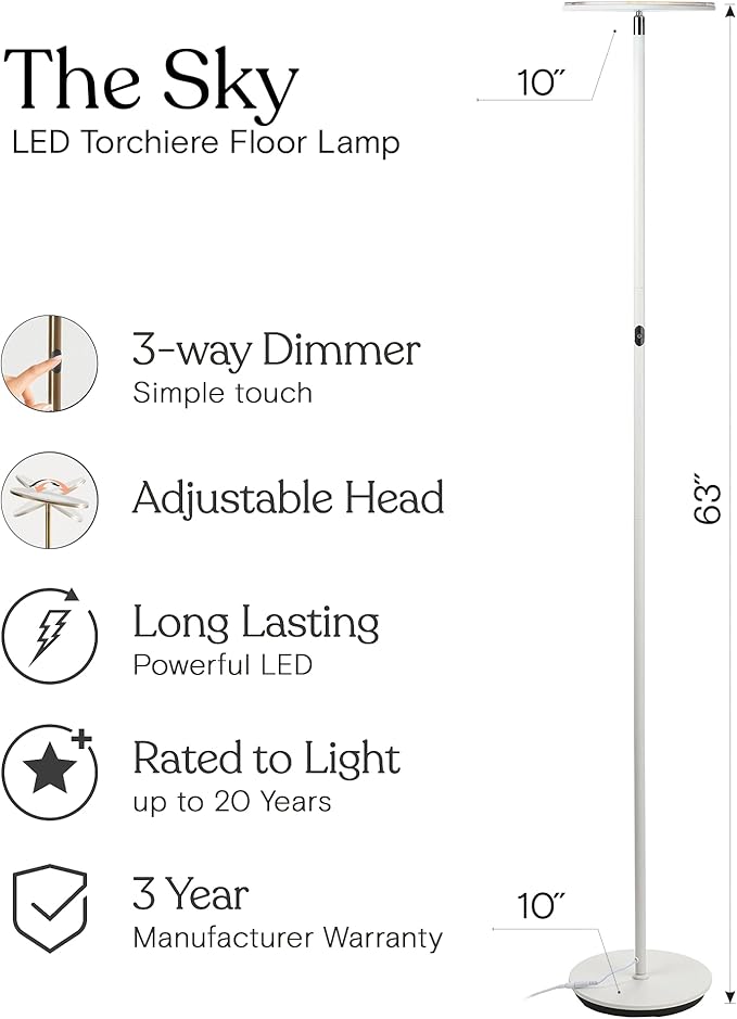 Brightech Brightech Sky LED Torchiere Super Bright Floor Lamp - Contemporary, High Lumen Light for Living Rooms and Offices - Dimmable, Indoor Pole Uplight for Bedroom Reading - White photo 3