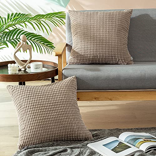 CaliTime Cushion Covers 2 Pack Comfortable Cushion Covers for Couch Sofa Bed Comfortable Super Soft Corduroy Corn Stripe Both Sides 45cm x 45cm Light Taupe - Image 2