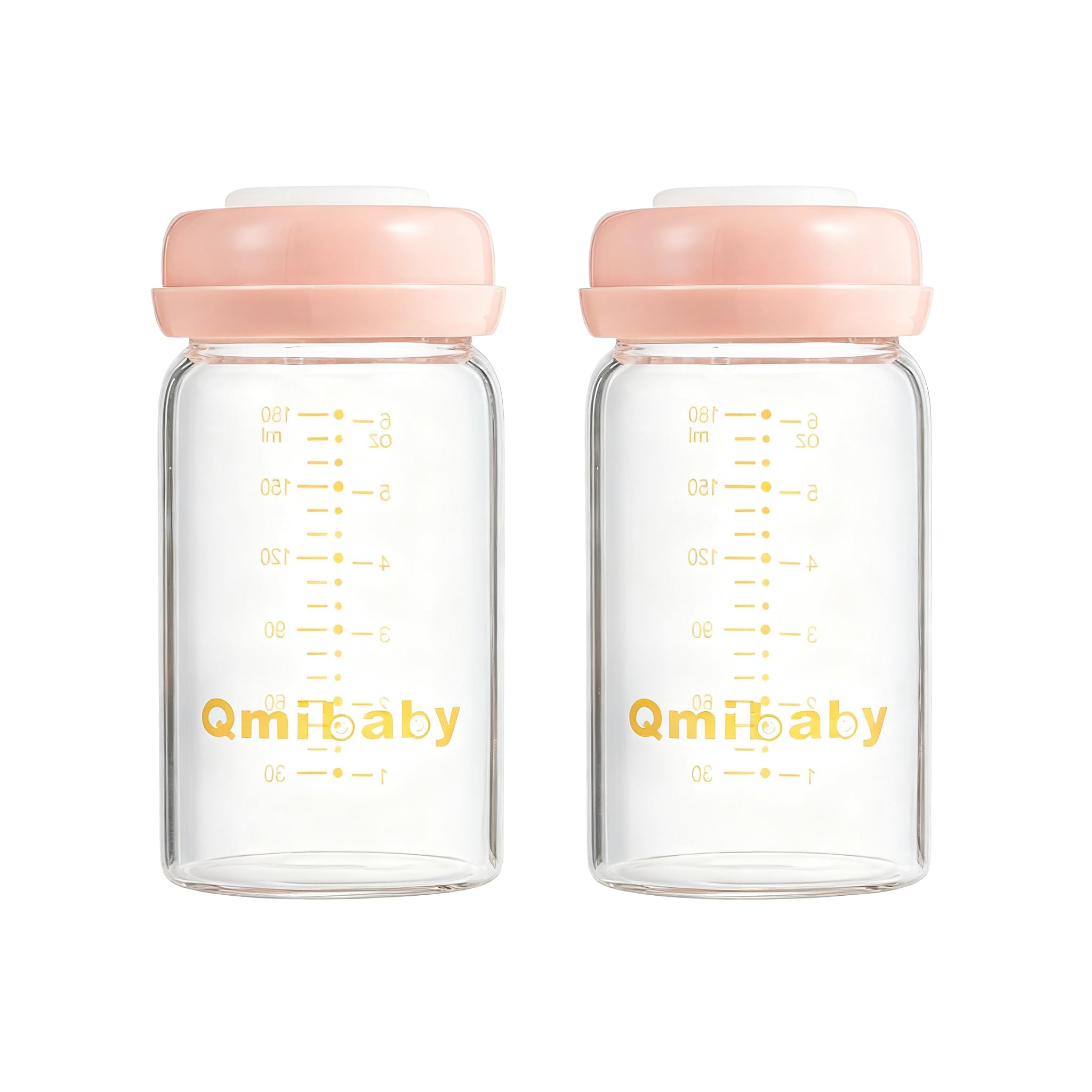 Qmibaby Glass Breastmilk Storage Bottles BPA-Free Leak-Proof Baby Bottle for Breastmilk Storage Wide Neck Bottles with Screw Ring Sealing Disk Breastfeeding (Pink-180ML-2PCS)
