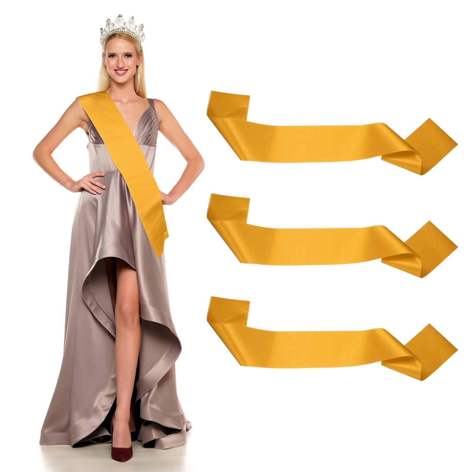 YELARXI Satin Sash, Blank Sash, Pageant Ribbon - Fitting for (Beauty Pageant/Party/Wedding/Birthday/DIY Decorations) 3 Pack & Gold