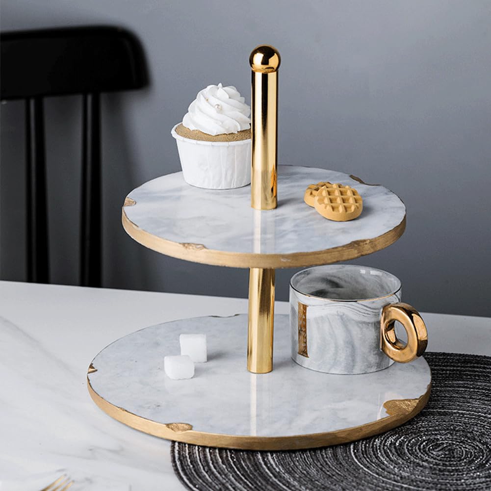 Alzata per torte in marmo, a doppio livello, antiruggine e facile da pulire, ideale per buffet, torte, snack, verdure e frutta