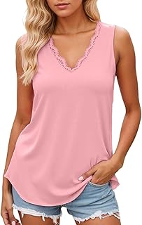 Camisetas para mujer, tops de verano de moda, corte holgado, encaje elegante, diseño sin mangas, cuello en V, informal y fluido para cualquier ocasión