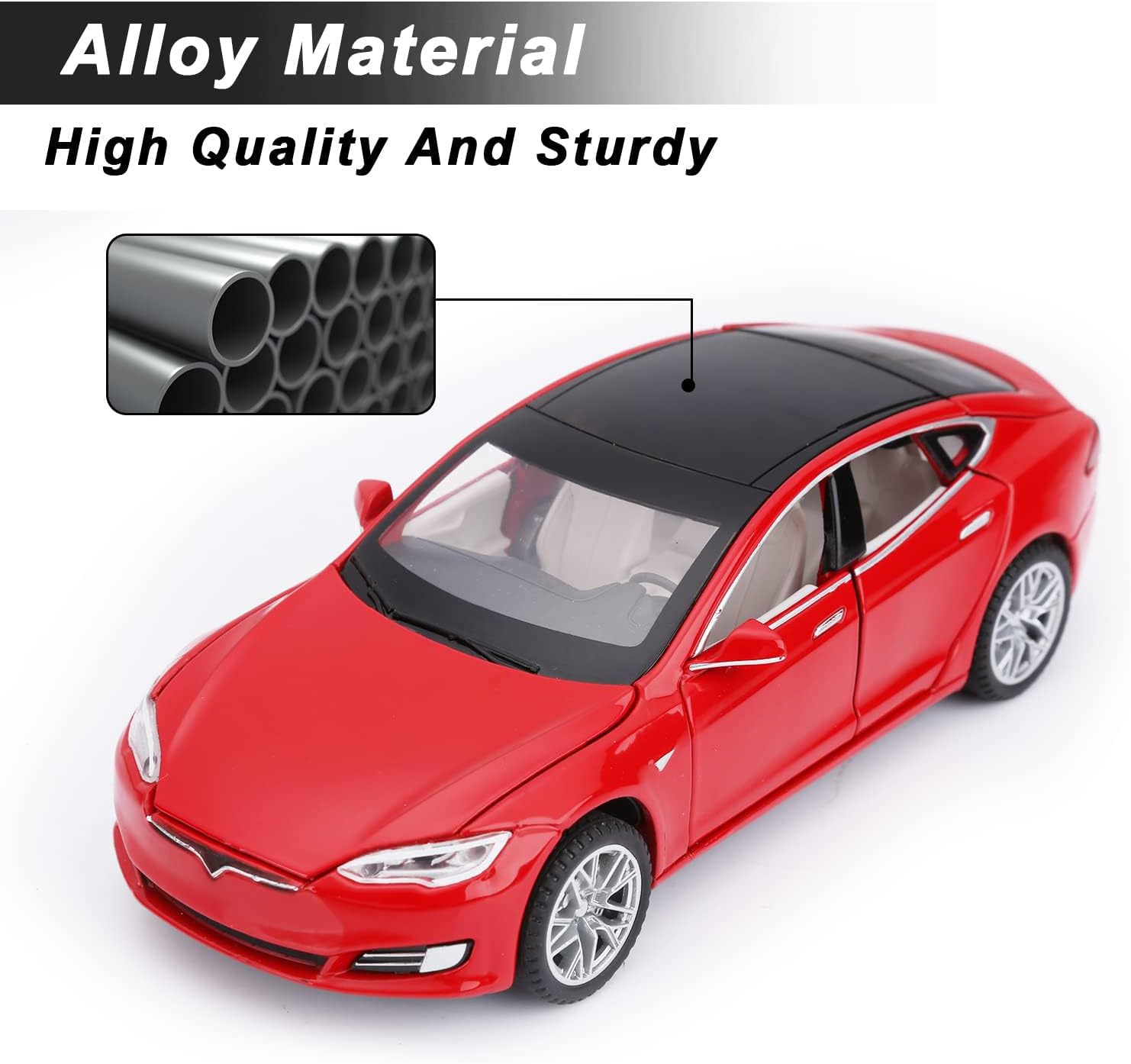 Close-up image of the SASBSC Model S Die Cast Toy Car with an inset showing a stack of metal pipes, illustrating the alloy material construction.