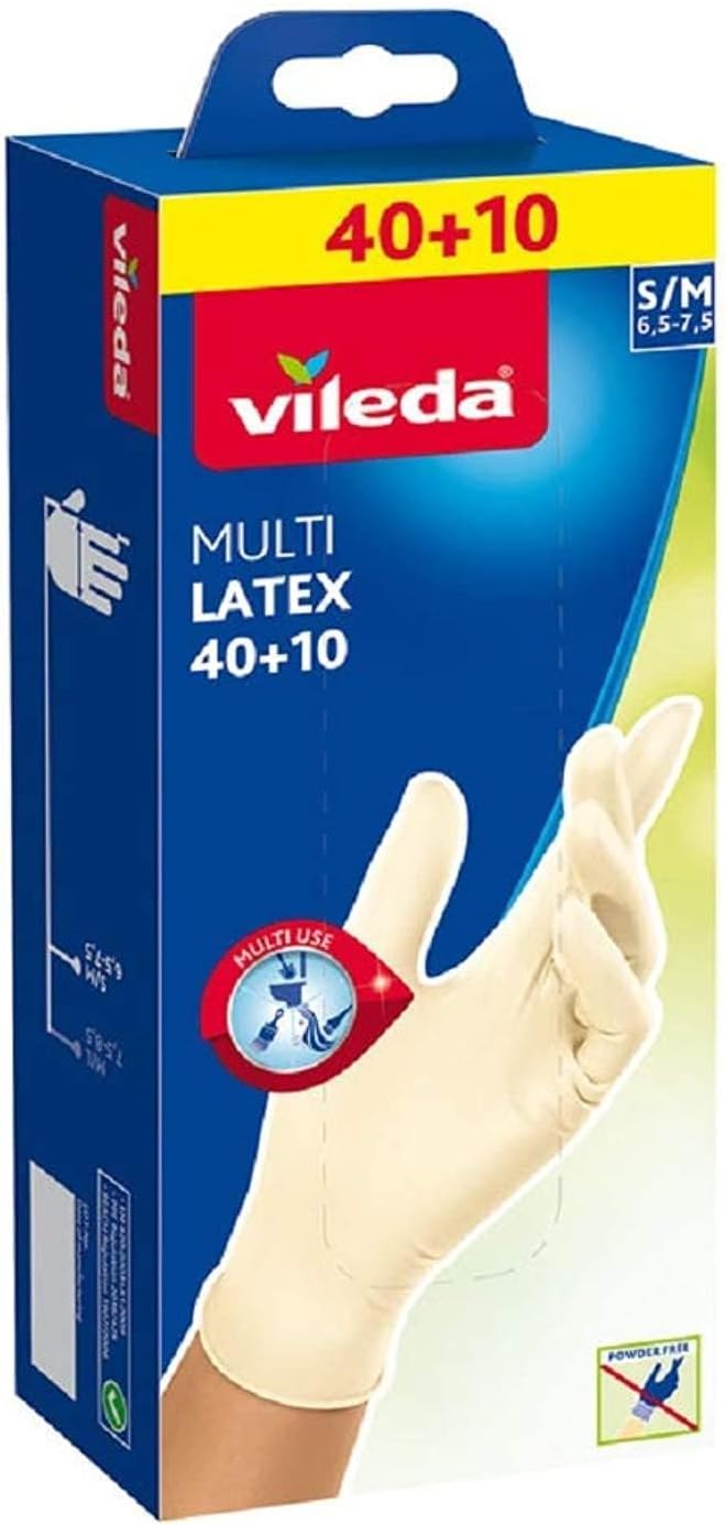 Vileda Disposable Multi Latex Gloves, Powder-Free, Ambidextrous Wear, Small/Medium, Pack Of 50, White 2319700