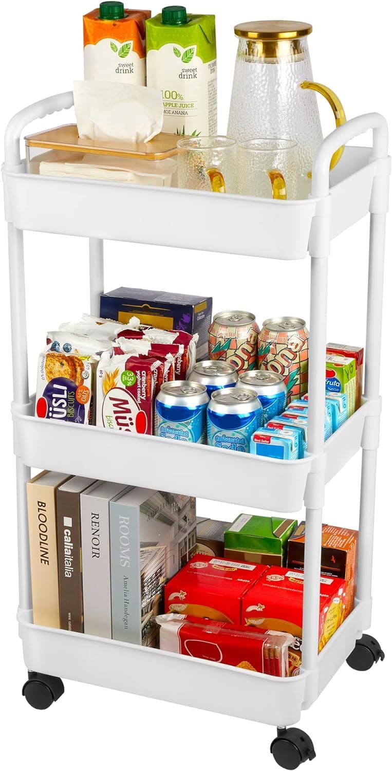 Rolling Cart with Lockable Wheels,Multifunctional Storage Shelves with Handle, Mobile Shelving Unit Cart Kitchen Storage Organizer for Bathroom,Laundry,Living Room (White, 3-Tier)