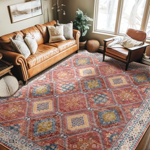 CAPALOCA 6x9 Area Rug Bohemian Rugs with Print Trellis Pattern Stain Resistant Washable Carpet for Living Room and Girls Bedroom Red/Orange/Blue