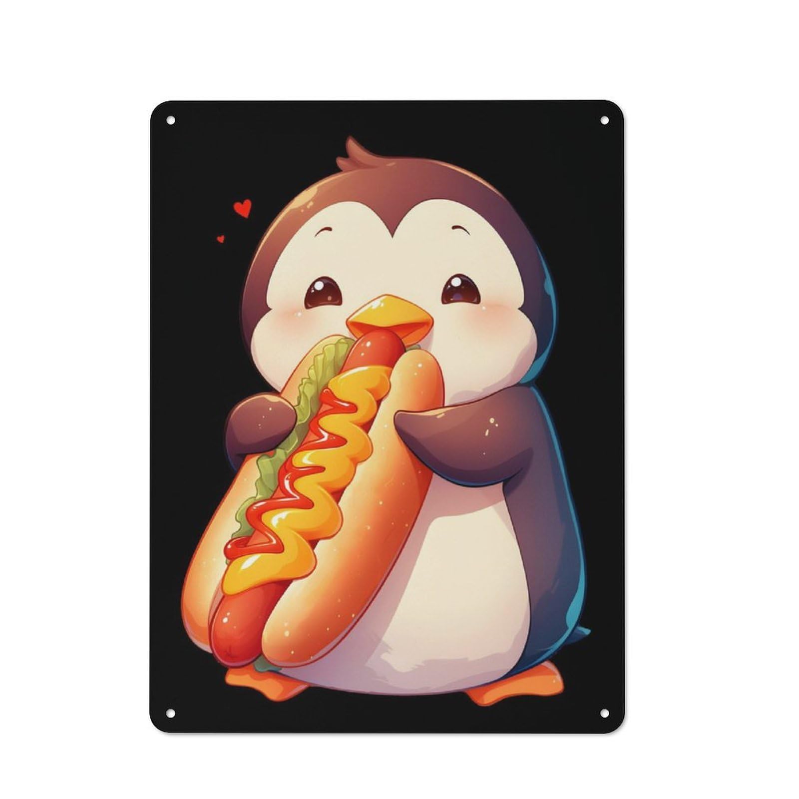 Retro Metal Sign with Penguin Loves Hot Dog Design 40x30cm, Retro Old Style Wall Plaque for Kitchen, Hallway, Bar Or Small Cafe