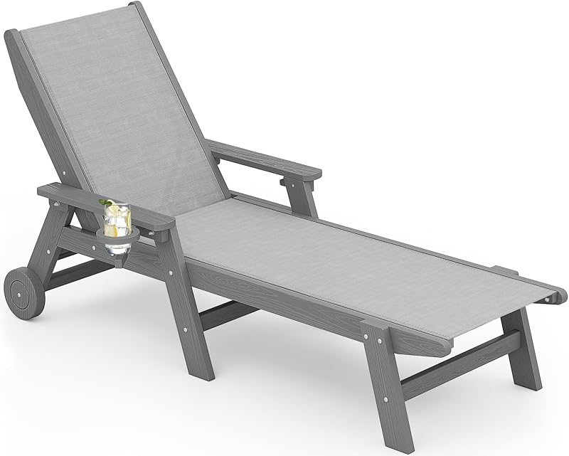 Textilene Patio Chaise Lounge Chair, HDPE Outdoor Lounger | with Rolling Wheels for Pool, Deck, Gray