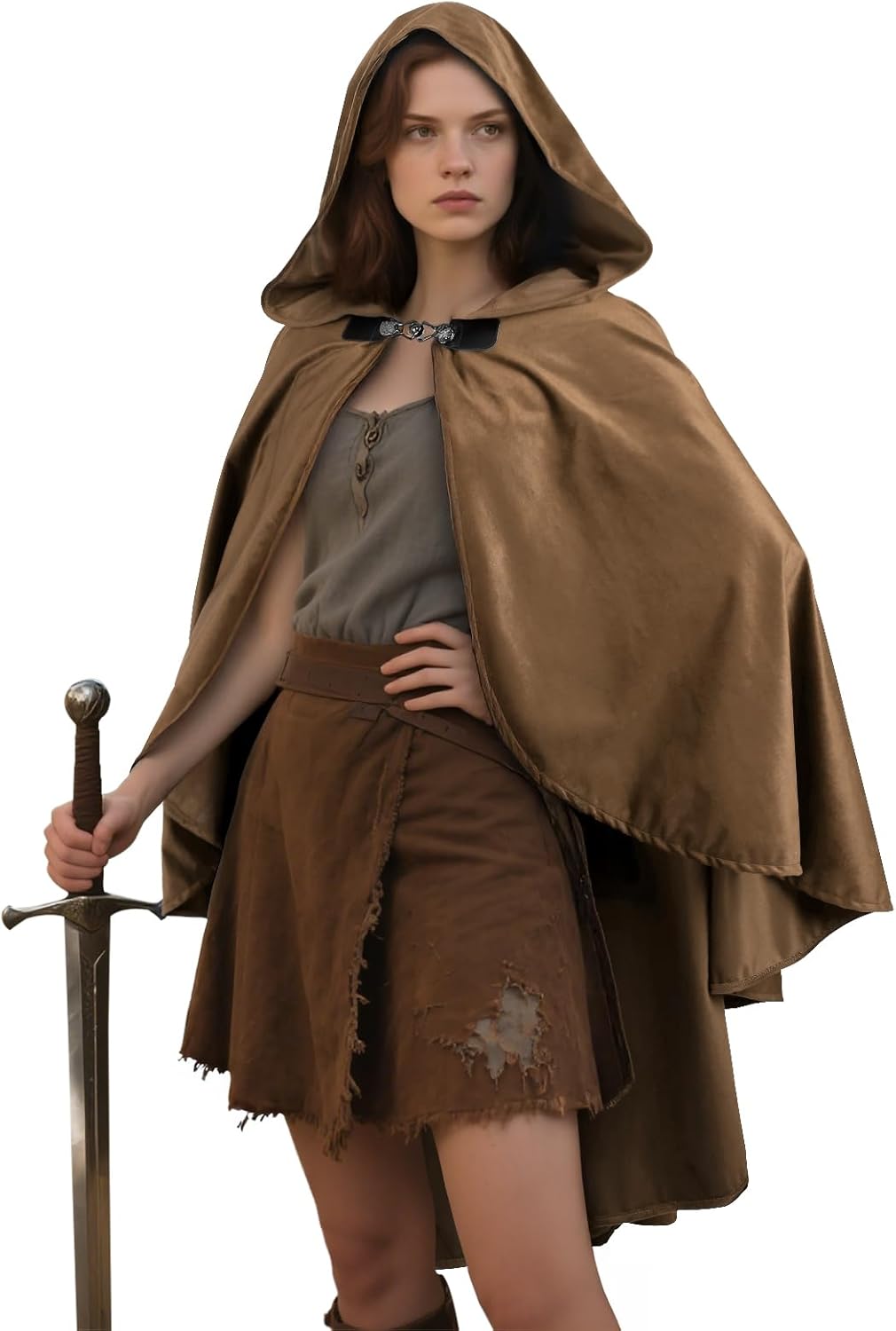 MCJC Medieval Hooded Cloak, Halloween Costume Cape, Black Velvet with Hood, Renaissance Robe