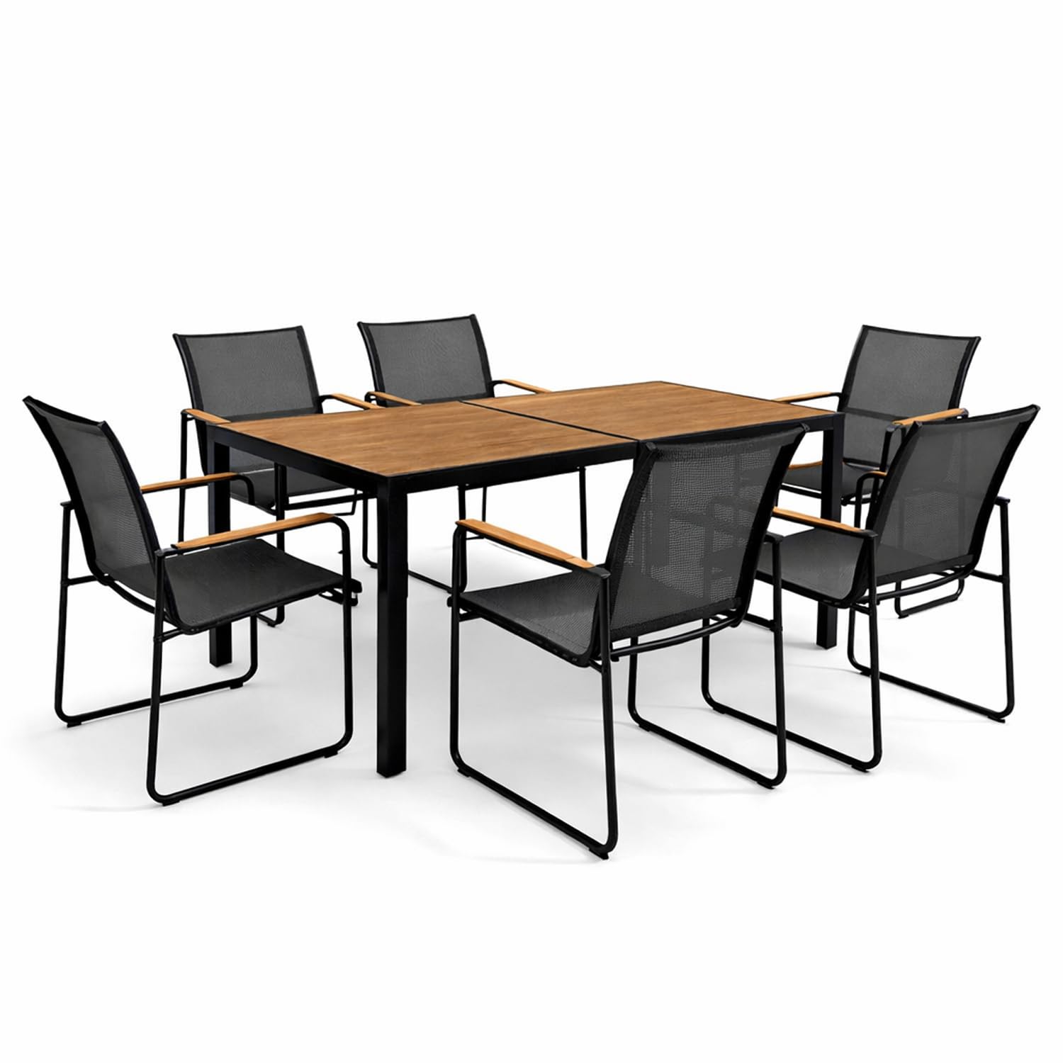 Mojawo 7tlg Outdoormöbel Set Gartenmöbel Gartengarnitur Holzoptik Gartentisch Nonwood 150 x 80cm + 6 Sessel Schwarz
