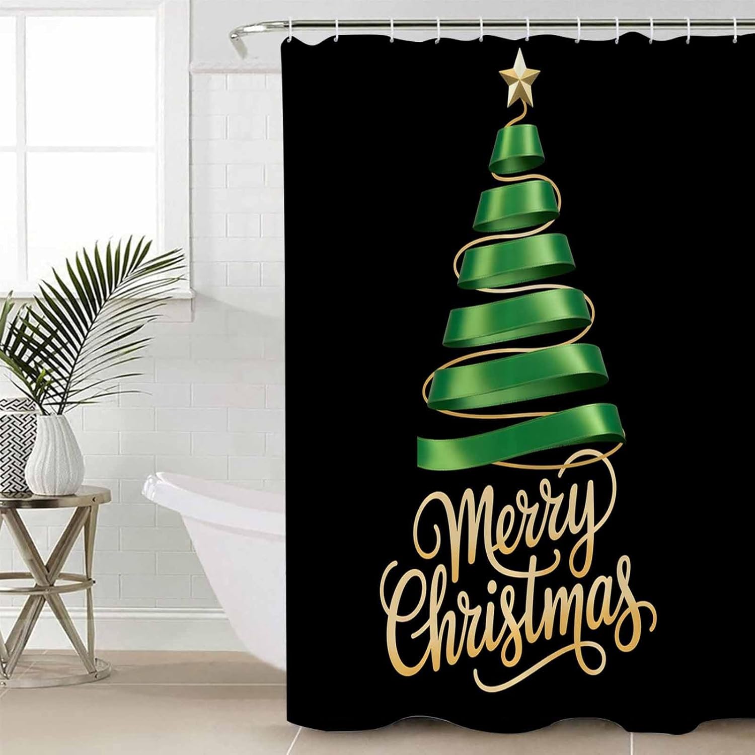 Christmas Tree Black Waterproof Shower Curtains Set - Stall 54 x 78 Inch, Black Xmas Merry Christmas Polyester Fabric Bathroom Curtain with 12 Hooks, Bathroom Accessories, 1 Panel