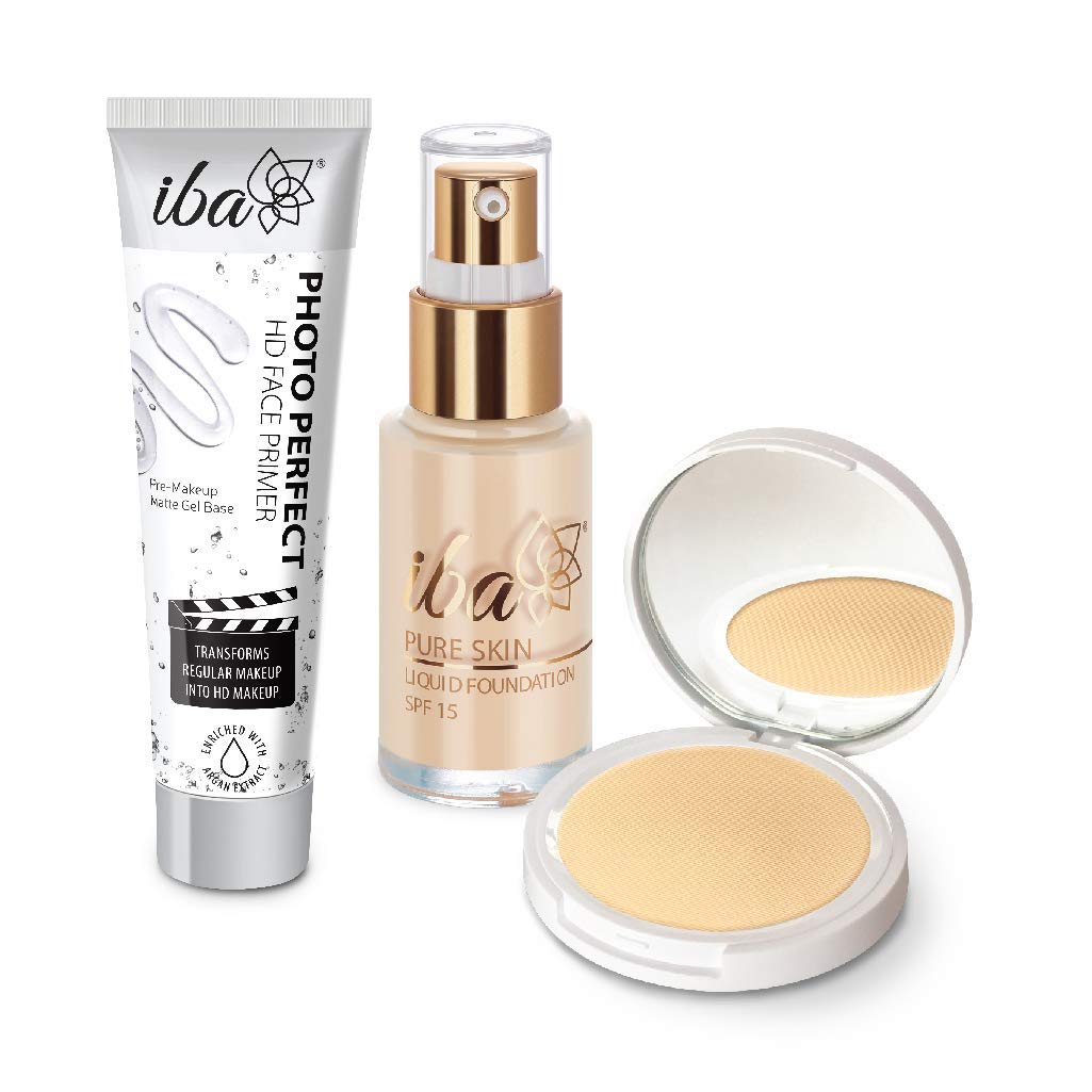 Primer, fondotinta e base compatta (bianco neve) | trucco base a lunga durata e copertura completa, vegano e cruelty free, trucco certificato Halal e vegano