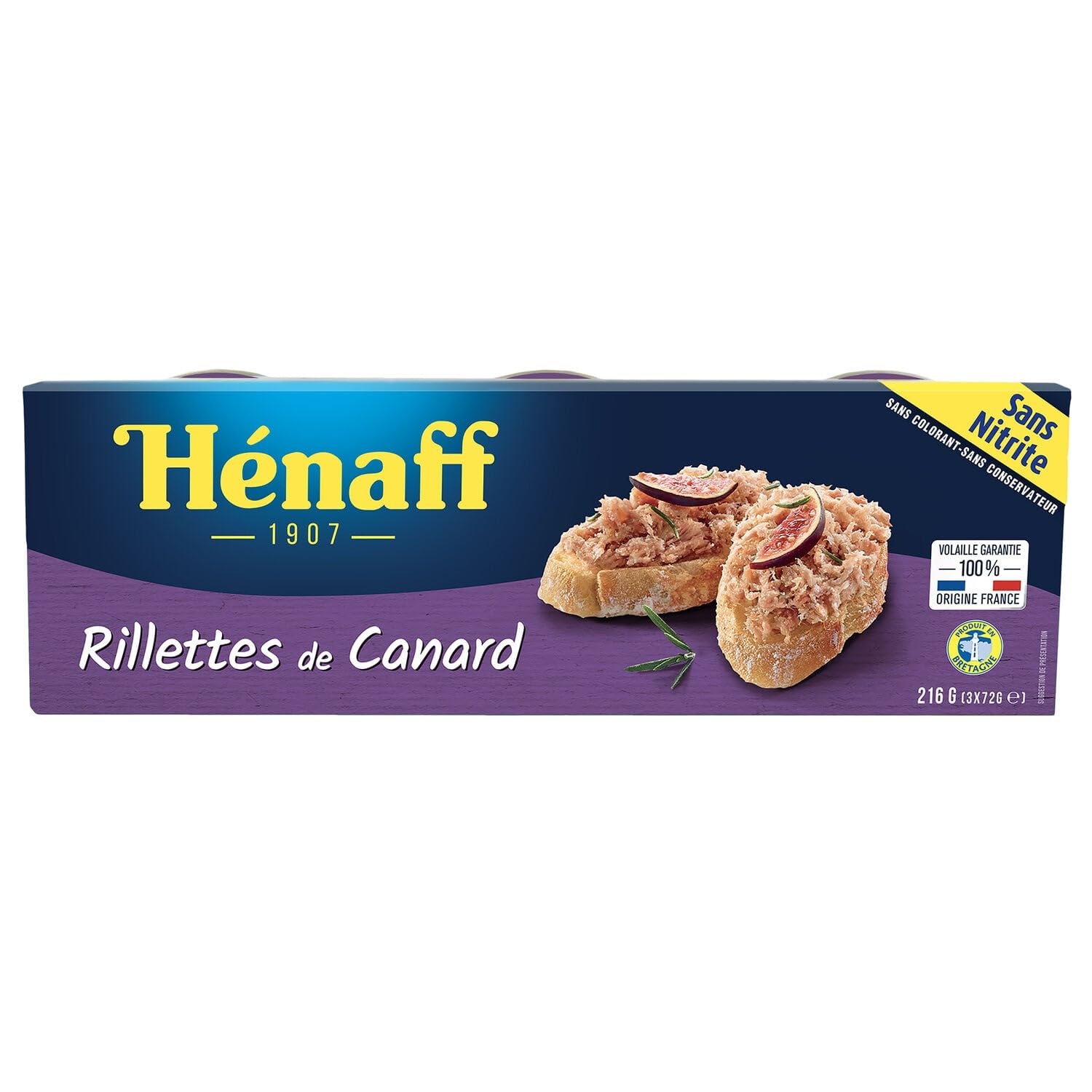 Savourez des rillettes authentiques au quotidien avec HENAFF, lot de 3 boîtes de 72g de rillettes de canard origine France, sans nitrite ni conservateur - Lot de 3