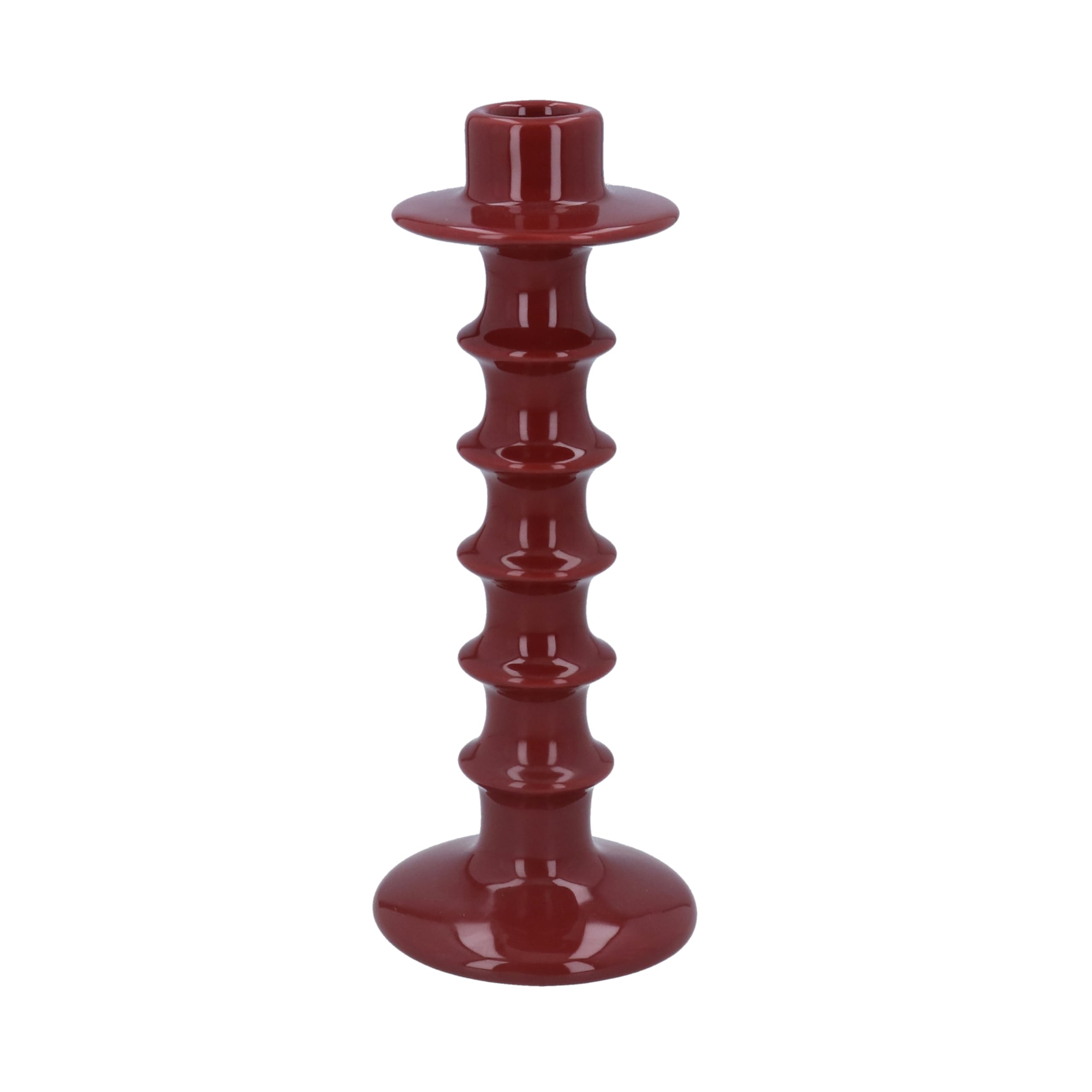 Gisela Graham Glazed Ceramic Hooped Candlestick, 22cm, Deep Red, Modern Home Decor