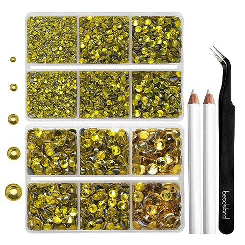 Image of 6736pcs Hotfix Rhinestones Flatback, Yellow Rhinestones for Crafts Clothes Mixed 5 Sizes, Hotfix Crystals with Tweezers and Wax Pencil Kit, SS6-SS30, Lemon Yellow