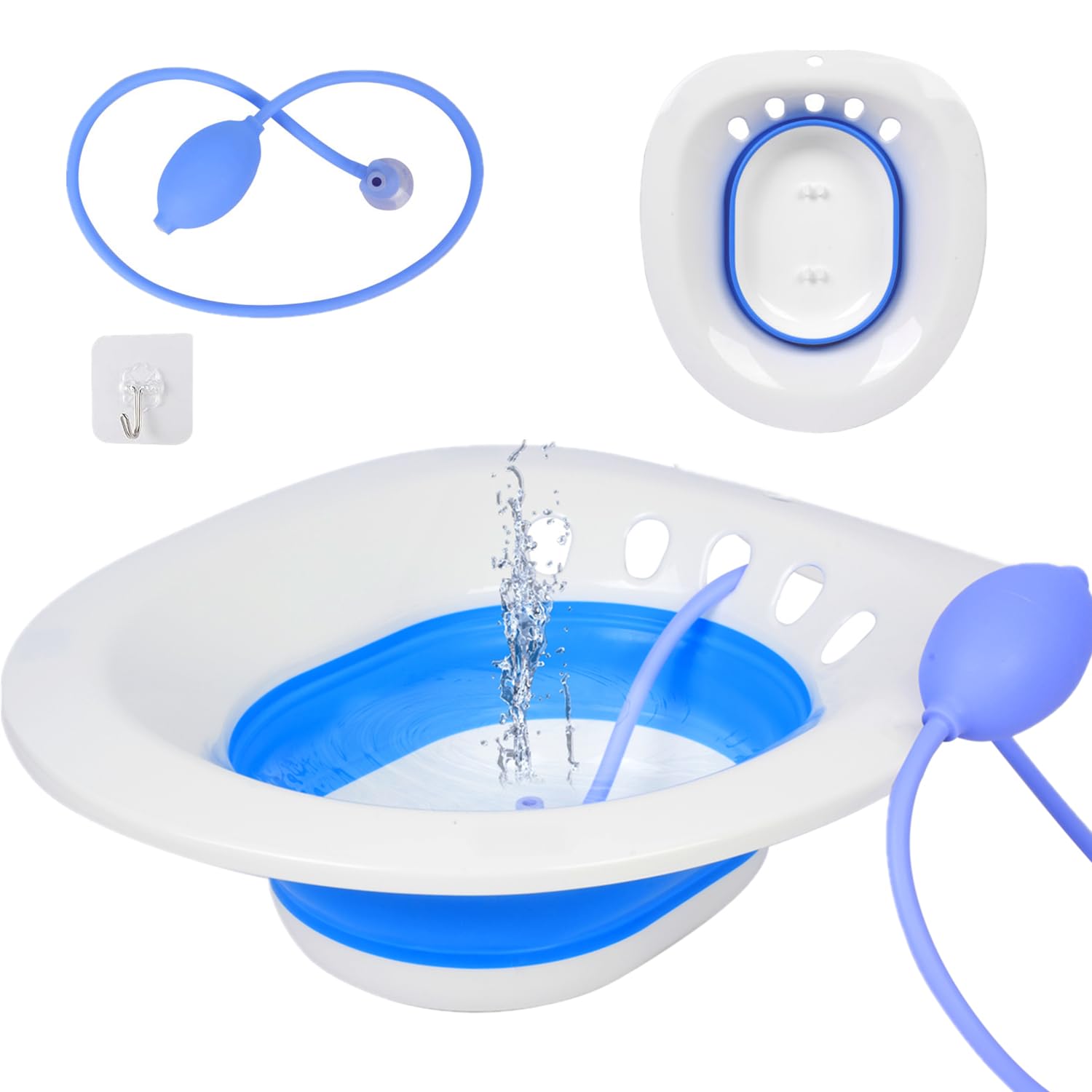 Sitz Bath for Hemorrhoids, Sitz Bath for Toilet Seat, Sitz Bath for Postpartum Care,Collapsible Sits Bath Kit for Women,Easy to Store,Flusher Hose,Wide Seat,Deeper Bowl (Manual Blue)