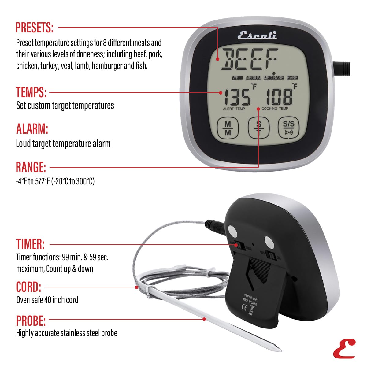 Escali DHR1-B Digitales Fühlerthermometer mit Touchscreen aus Edelstahl und Zeitschaltuhr, schwarz
