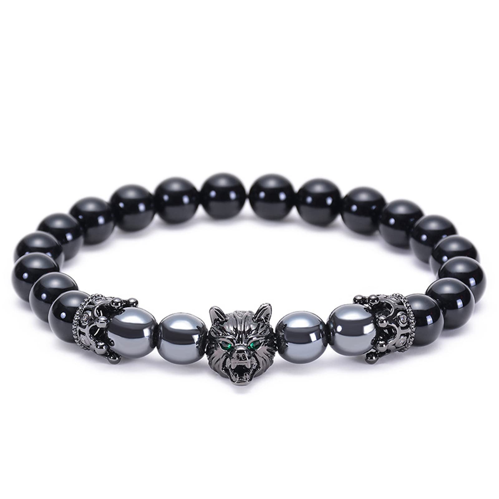 Wolf Head Lava Rock Bracelet,Blue Tiger Eye Lava Rock Stone,Stress Relief Anti Anxiety Bracelet (Black)