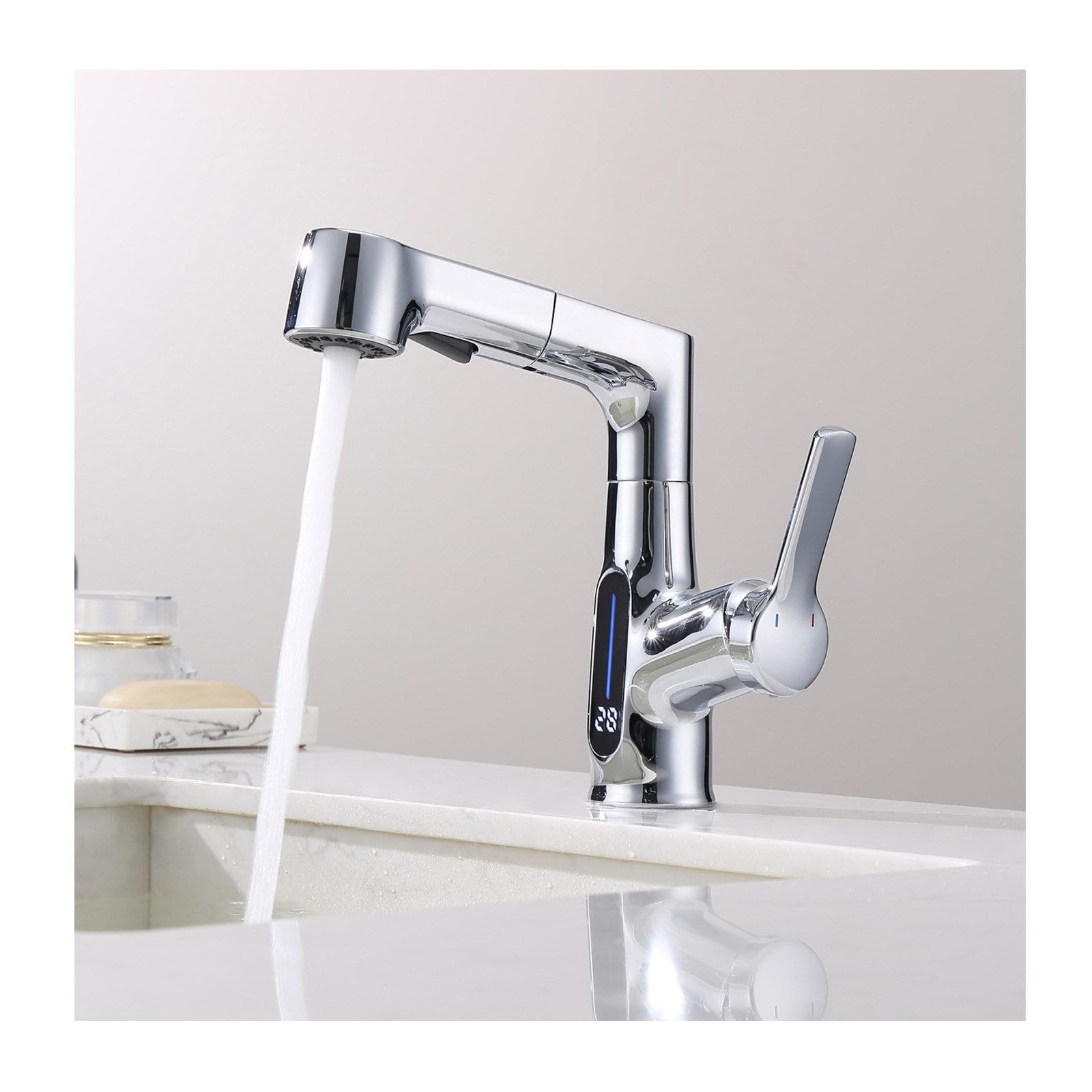 Lavabo de baño de PU de 1 Orificio y 2 Modos con rociador de PU, Lavabo con Pantalla Digital de Temperatura, Lavabo de sobreponer, PU para Lavabo de baño