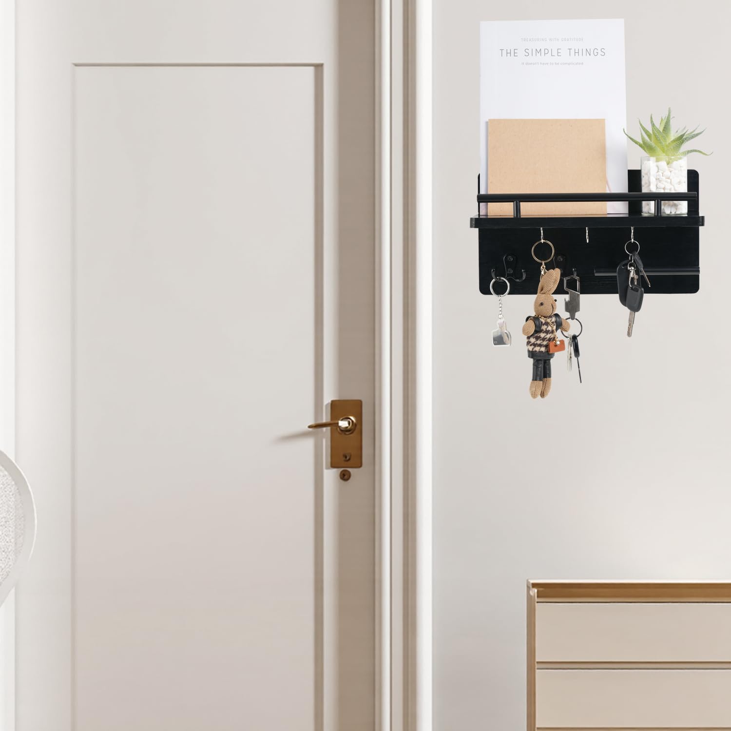 DALEMHOME Key Holder for Wall, Wooden Mail Rack Organizer with Shelf and 5 Key Hooks, Wall Mounted Key Hanger for Entryway, Black HKKS1001BK