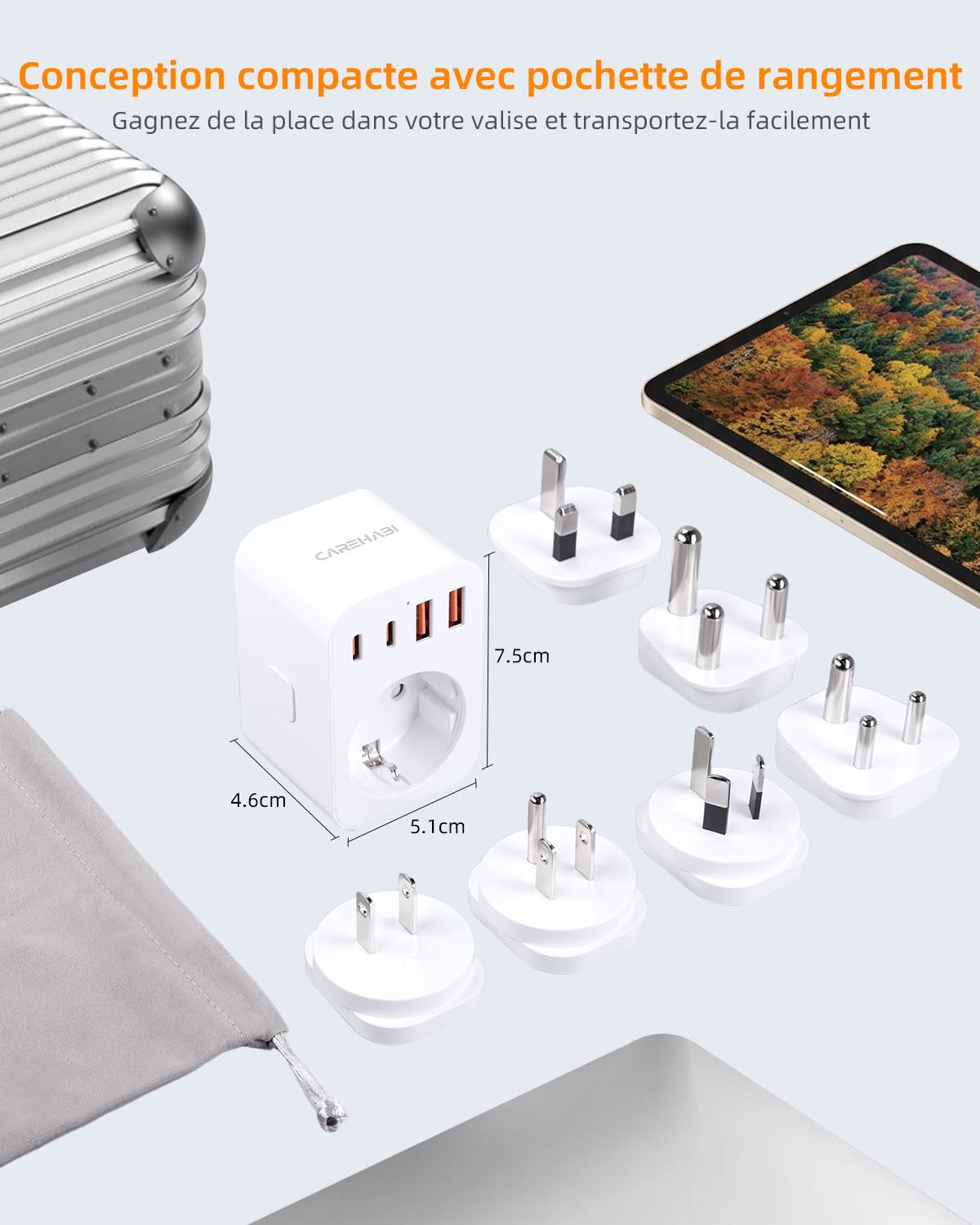 Kit d'adaptateur Prise Universelle, Adaptateur Voyage avec USB-A/Type-C, Adaptateur de Prise de Type G/B/I/A/M/D Adaptateur Universel de Voyage pour Le Royaume-Uni/Les États-Unis/l'Australie/Le Japon