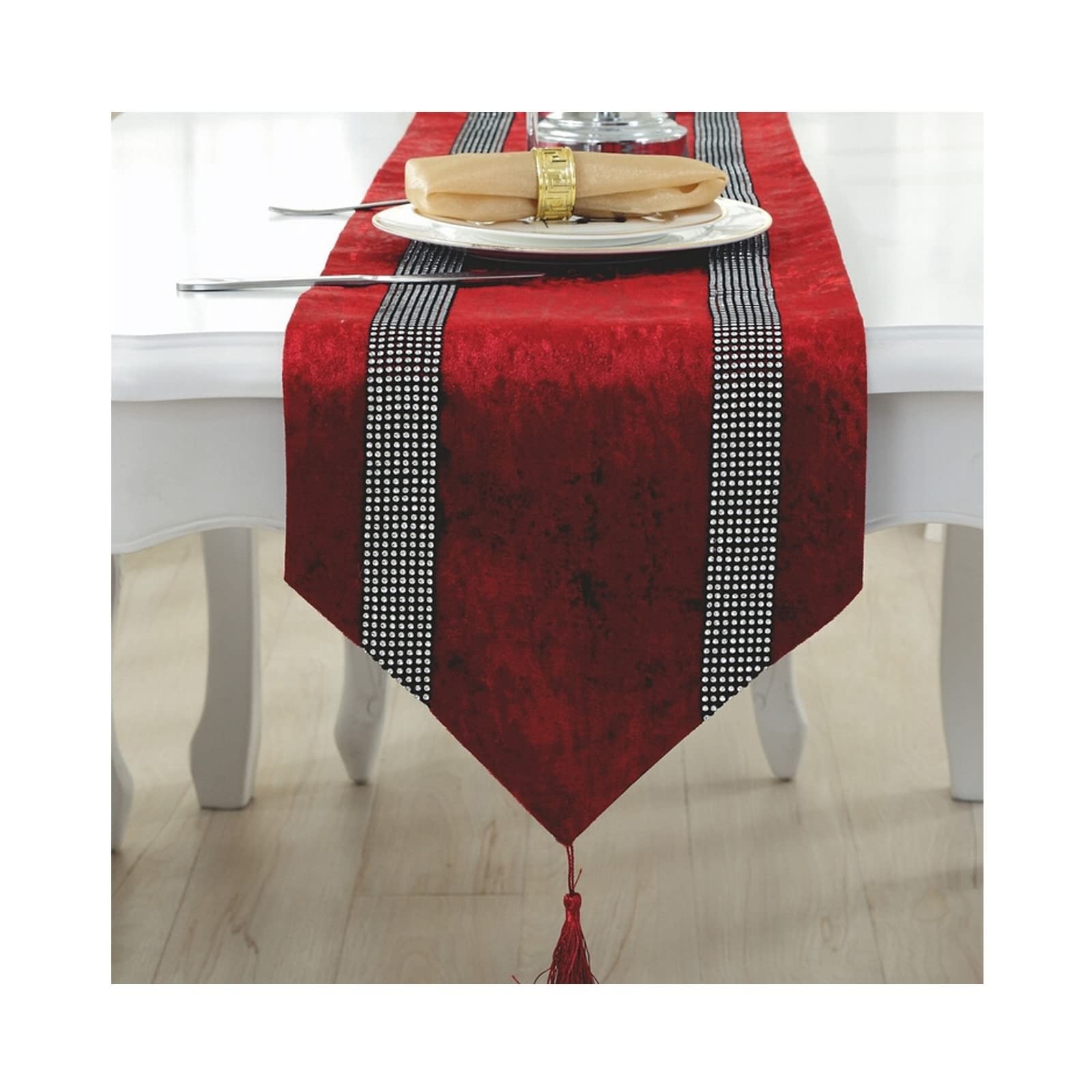 Mini bieżnik na stół, czerwony makramowy bieżnik na stół z cyrkoniami paski flanelowy bieżnik na stół 33 x 280 cm dekoracja kuchni dekoracje stołu dekoracje świąteczne
