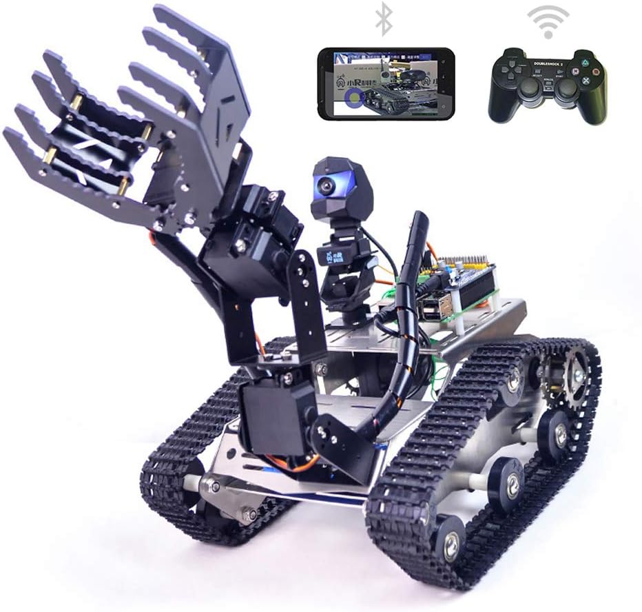 Smart Robot Car Tank with HD Camera Motorized Robotic Arm 4-DOF for Arduino Project, Metal Tracked Platform, RC Robot Tracked Car Chassis Kit with Video Transmission, Obstacle Avoidance