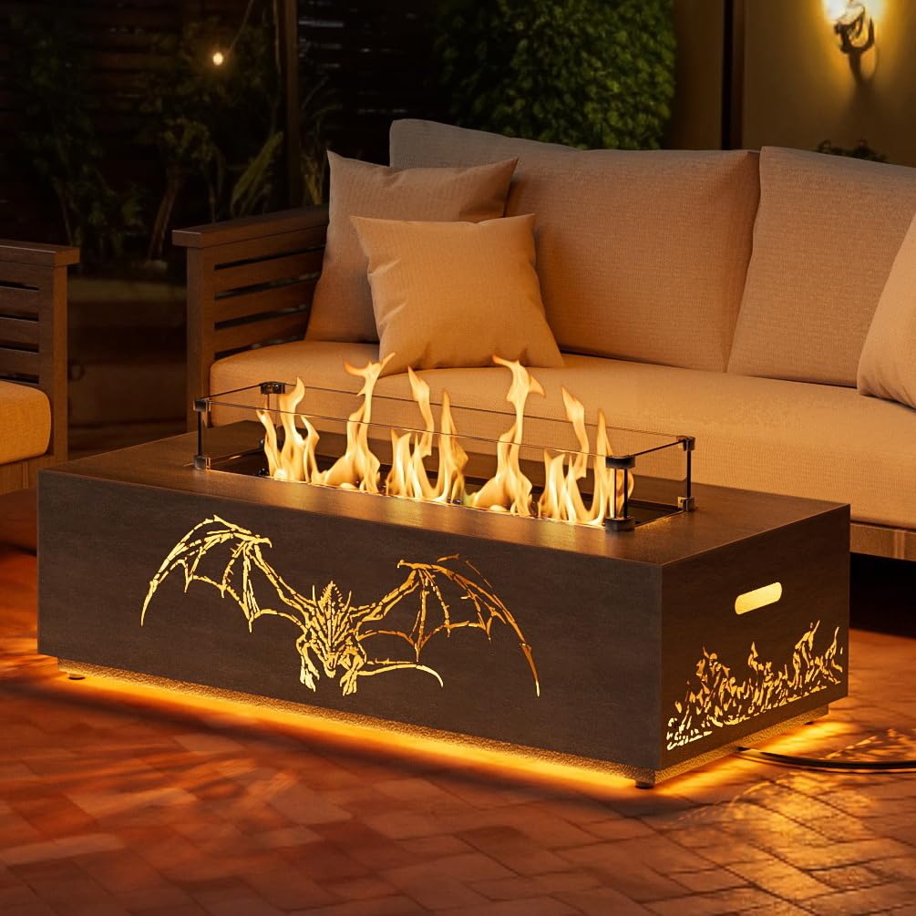 Dragon Fire Pit Table, 42 Inch Propane Gas Outdoor Fireplace with Dragon Pattern, 50,000 BTU CSA Certified, Fire Table with Tank Side Table, Blue Fire Glass, Cover Included for Patio and Backyard