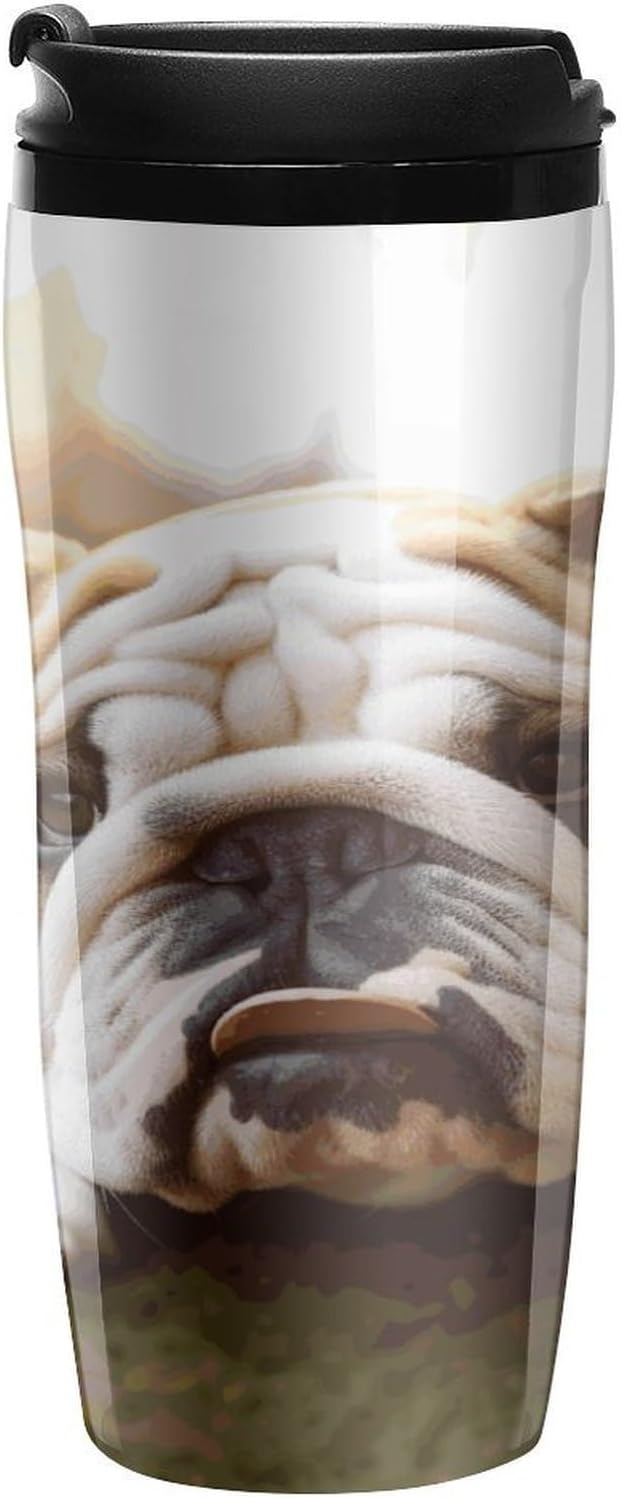 Cute Bulldog Puppy Coffee Cup Reusable Portable Water Bottle with Double-Walled Plastic,Coffee Mug for Hot & Cold Drinks, Cup Holder Friendly 350ml