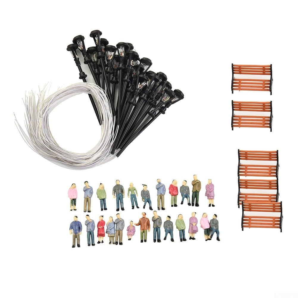 49 Pack HO OO Scale Painted People Figures Bench Lamp Post Set For Model Train Landscape Scenery