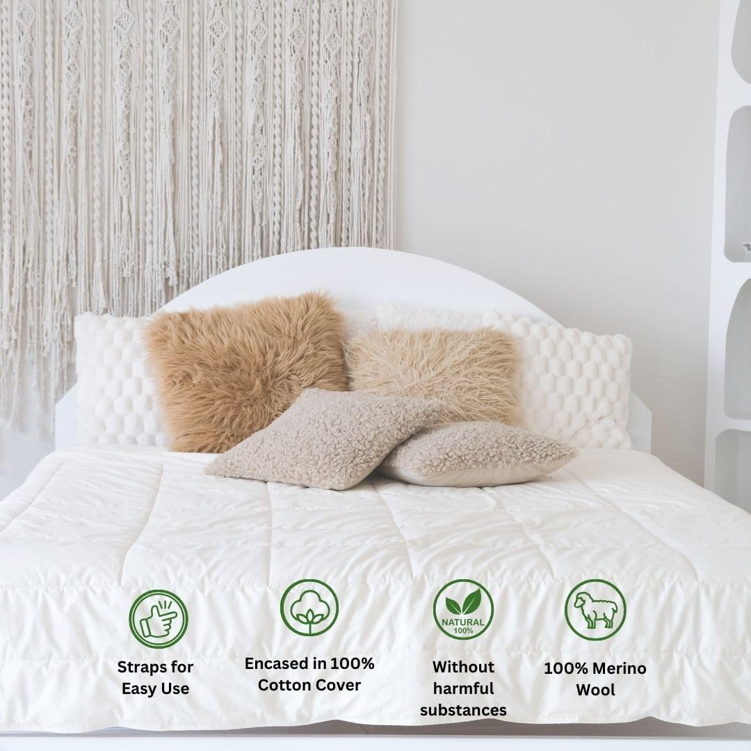 Edredón De Lana Australiana 100% Natural - Tamaño Queen 90x90 Pulgadas - Funda De Algodón Egipcio - Lavable A Máquina