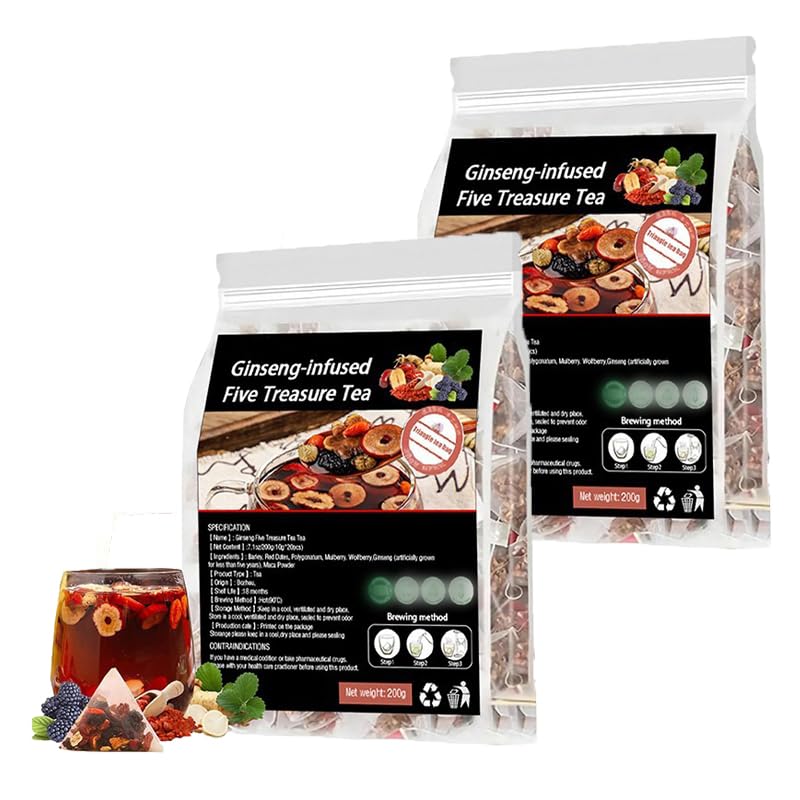 Ginseng Five Treasure Tea, Kidney Tea formula Ginseng Five Treasures, Red Date Wolfberry Mulberry Health, (2pcs)
