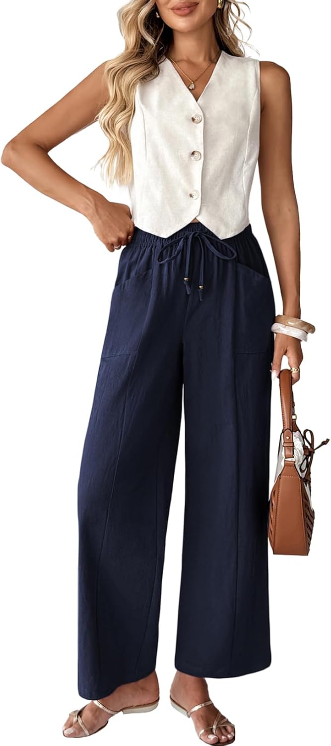 Acelitt Womens Linen Pants Drawstring Elastic Waist Casual Wide Leg Pants Beach Trousers with Pockets - Image 6