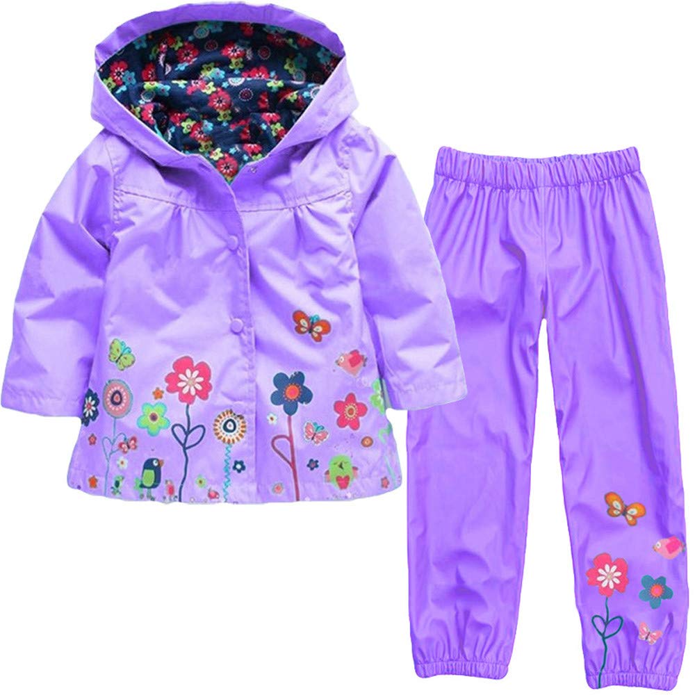 Tuta impermeabile con Stampa per neonate Tuta impermeabile con cappuccio Giacca e pantaloni Outwear Completo Impermeabile Bambino 1-5 anni