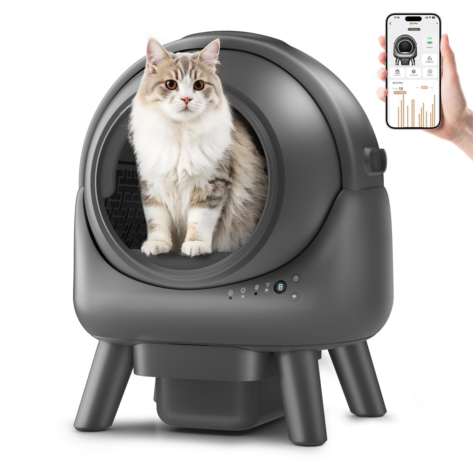 Qxpztk Self - Cleaning - Litter - Box for Multiple Cats – Automatic Cat Litter Box with APP Control, Odor-Free Waste Disposal, Dual Safety Sensors, Litter Bags, Grey