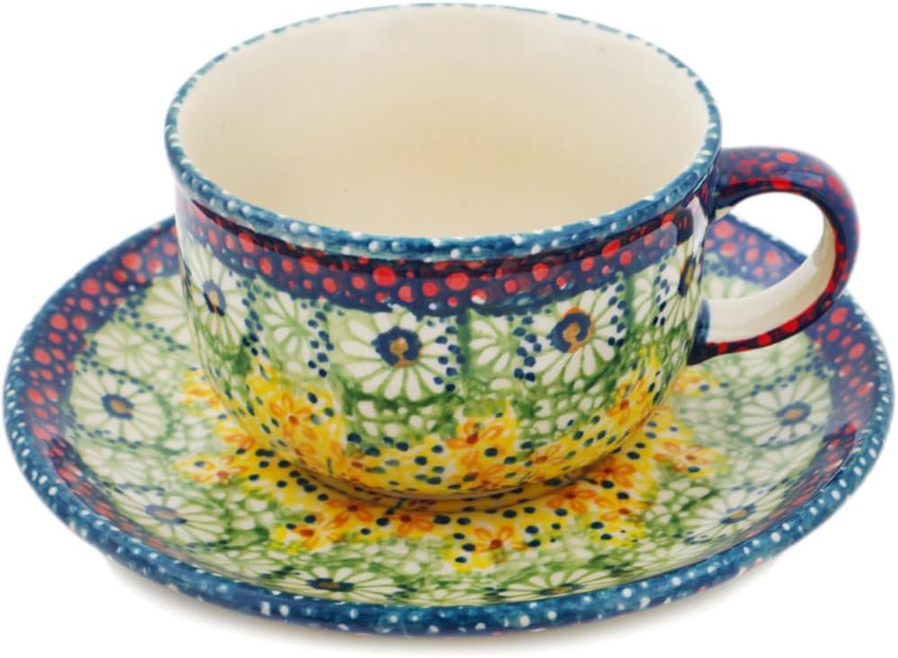 Polmedia Polish Pottery Cup with Saucer UNIKAT - Sunshine Grotto Pattern Handmade in Boleslawiec Poland + Certificate of Authenticity
