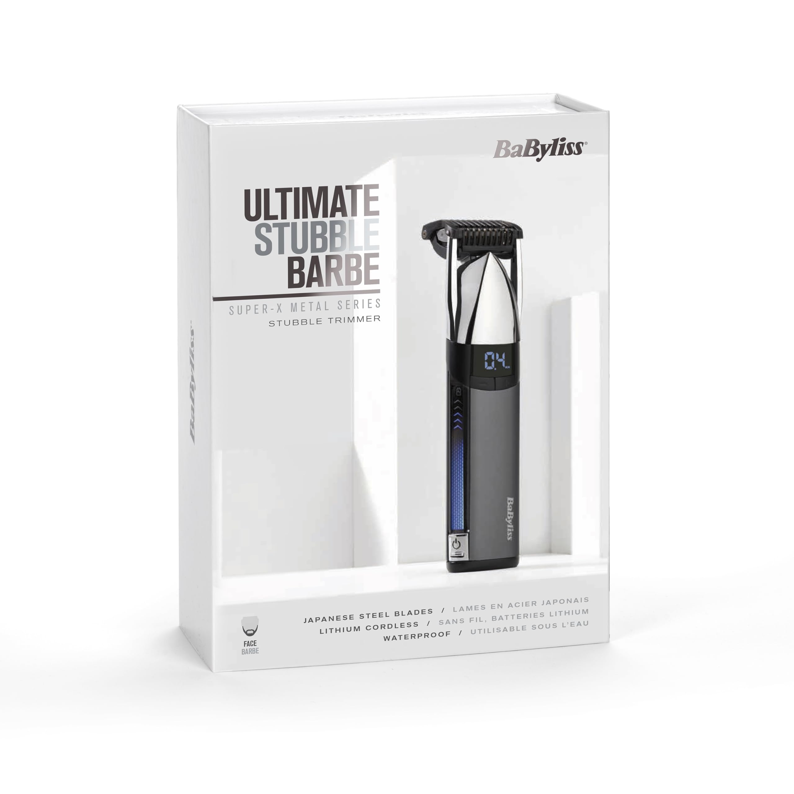 BaByliss Super‑X Cortabarbas Stubble – Cortabarbas impermeable con cuchillas de acero japonés, control motorizado (0,4–5 mm), pantalla digital, batería de litio, 90 minutos de autonomía, S996E