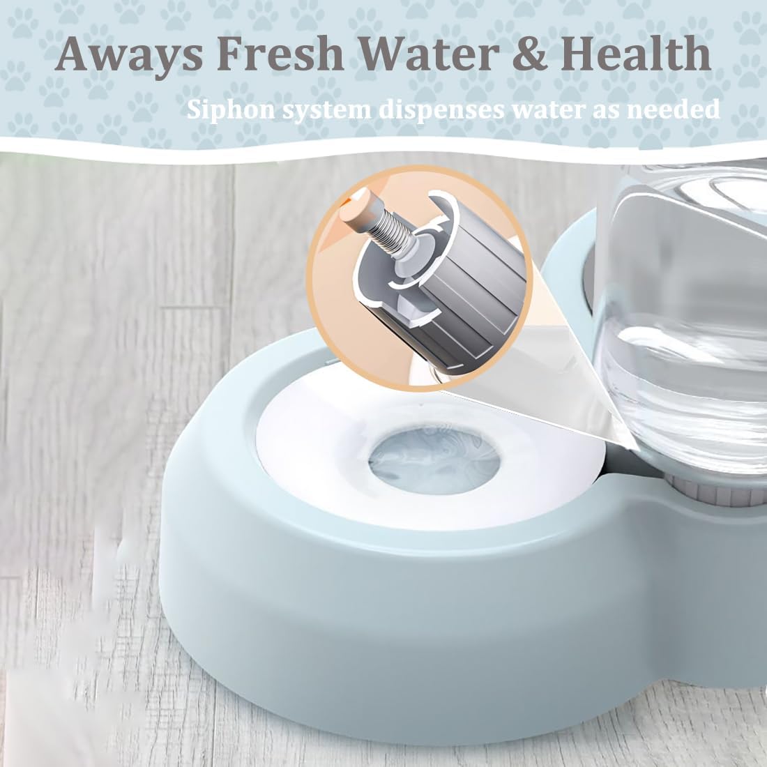 Double Dog Cat Bowls, Pets Food and Water Bowl Set with Automatic Water Dispenser and Stainless Steel Bowl Silicone Dog Bowl Mat, Gravity Feeder for Cats and Small Dogs Puppies (Grey)