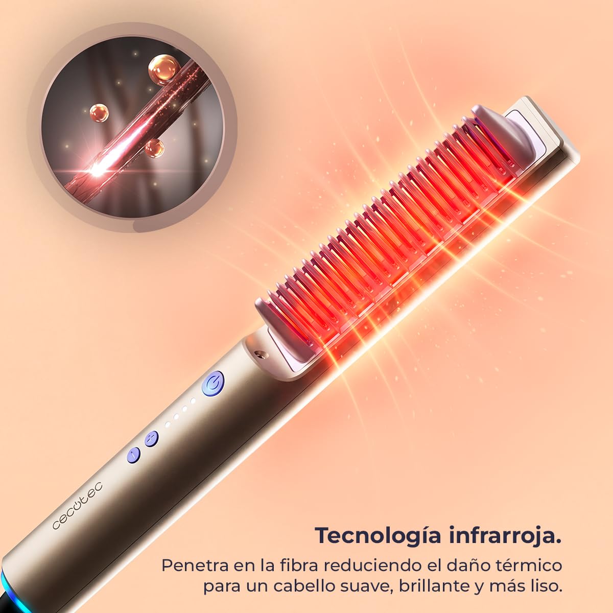 Cecotec Cepillo Alisador con Infrarrojos e Iones InstantCare Lisse iSphere. 3 Ajustes de Temperatura 140º-170ºC-200ºC, Función Memoria, Bloqueo de Temperatura, Indicadores LED