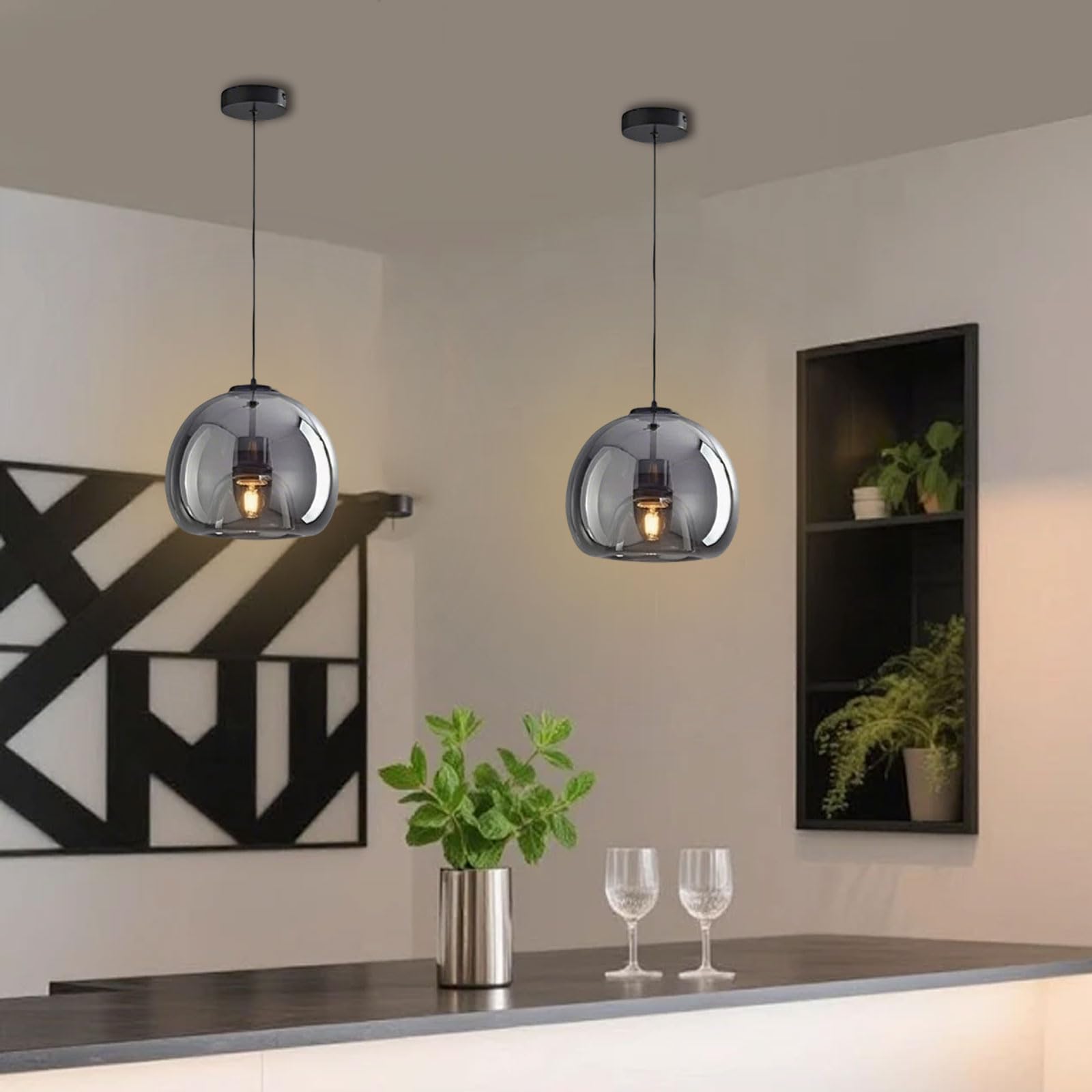 Lampadario moderno in vetro grigio fumé/ambra, lampade a sospensione in ferro da 9 pollici, illuminazione a sospensione regolabile in altezza per camera da letto Isola cucina Sala da pranzo Soggiorno