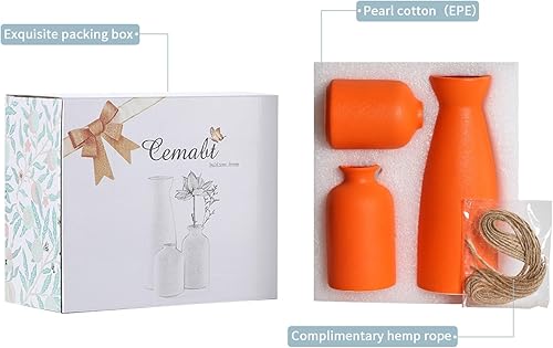 Miniatura 4 de CEMABT Juego de 3 jarrones de cerámica naranja para decoración, decoración rústica moderna del hogar, jarrones decorativos para hierba de las