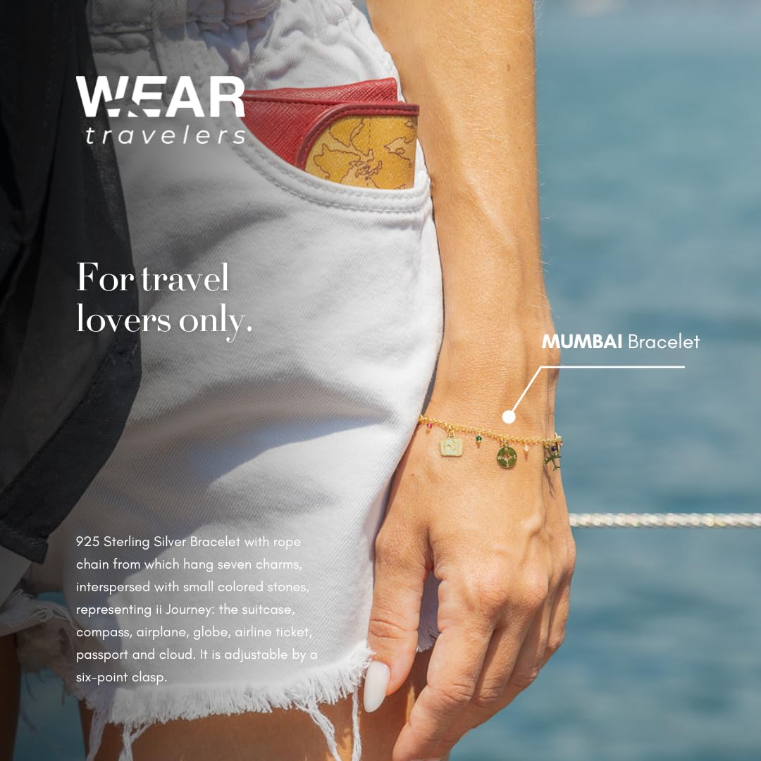 Pulsera temática de Viaje en Plata de Ley 925 con colgantes de maleta, mundo y avión - Idea de Regalo para la Mujer viajera - Made in Italy - Modelo Mumbai