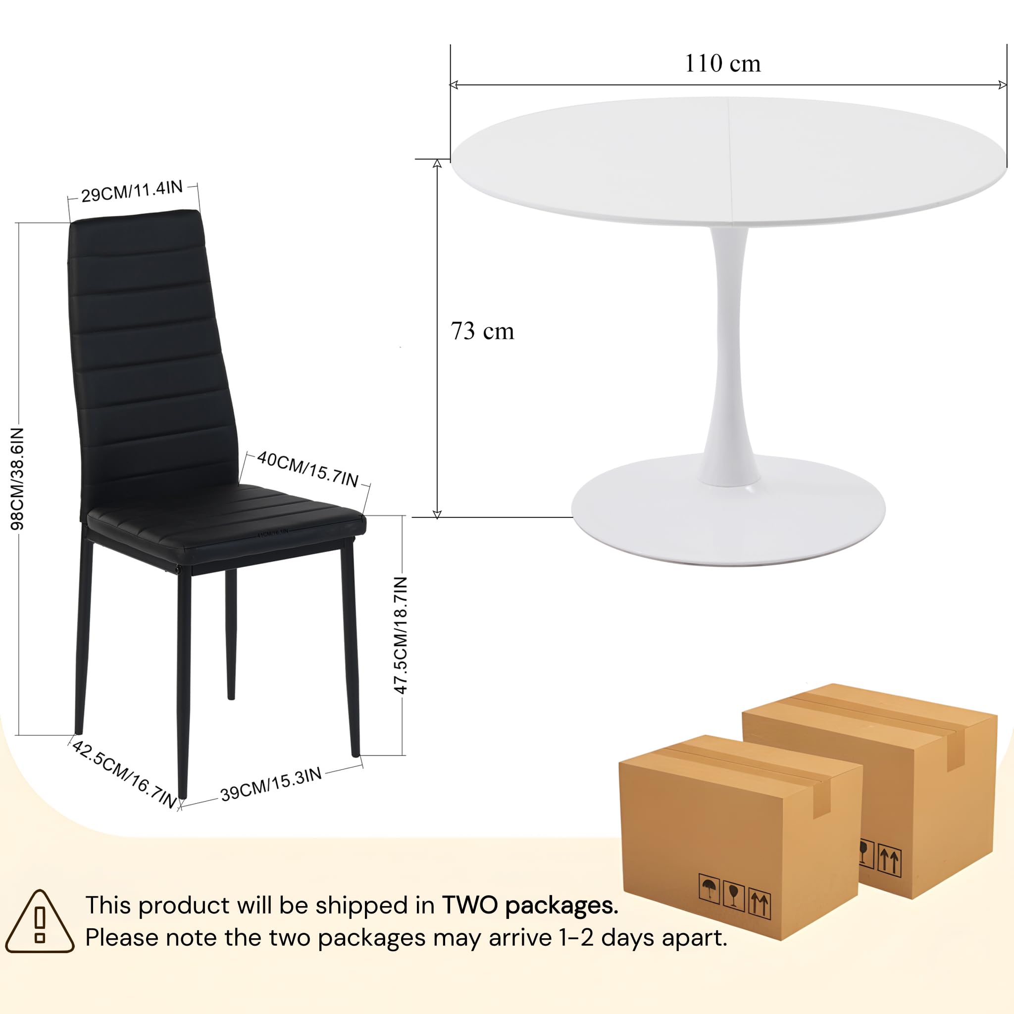 Ensemble Table a Manger Ronde 110 cm avec 6 Chaises, Ensemble Table et Chaises Salle a Manger en Similicuir Noir, pour Cuisine Salle à Manger Salon Bureau et Restaurant (Blanc + Noir)