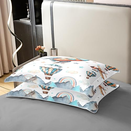 Vista 6 de Juego de funda de edredón tamaño matrimonial para niños, avión, 100% algodón puro, avión, cohete, nave espacial, globo aerostático, funda de edredón