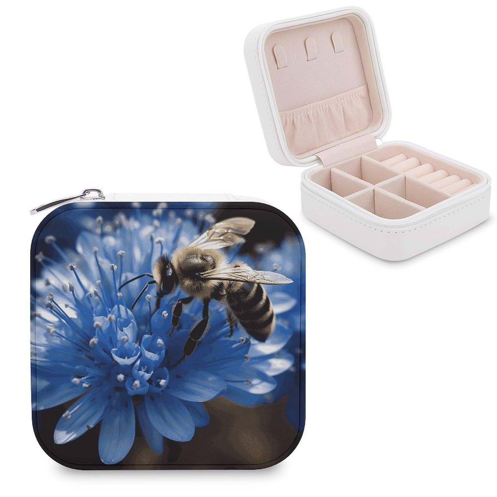 JTREHY Travel Blue Flower Bee Jewelry Case Portable Display Storage Box PU Leather Mini Jewelry Travel Case Personalized Travel Jewelry Organizer Small Jewelry Box for Women