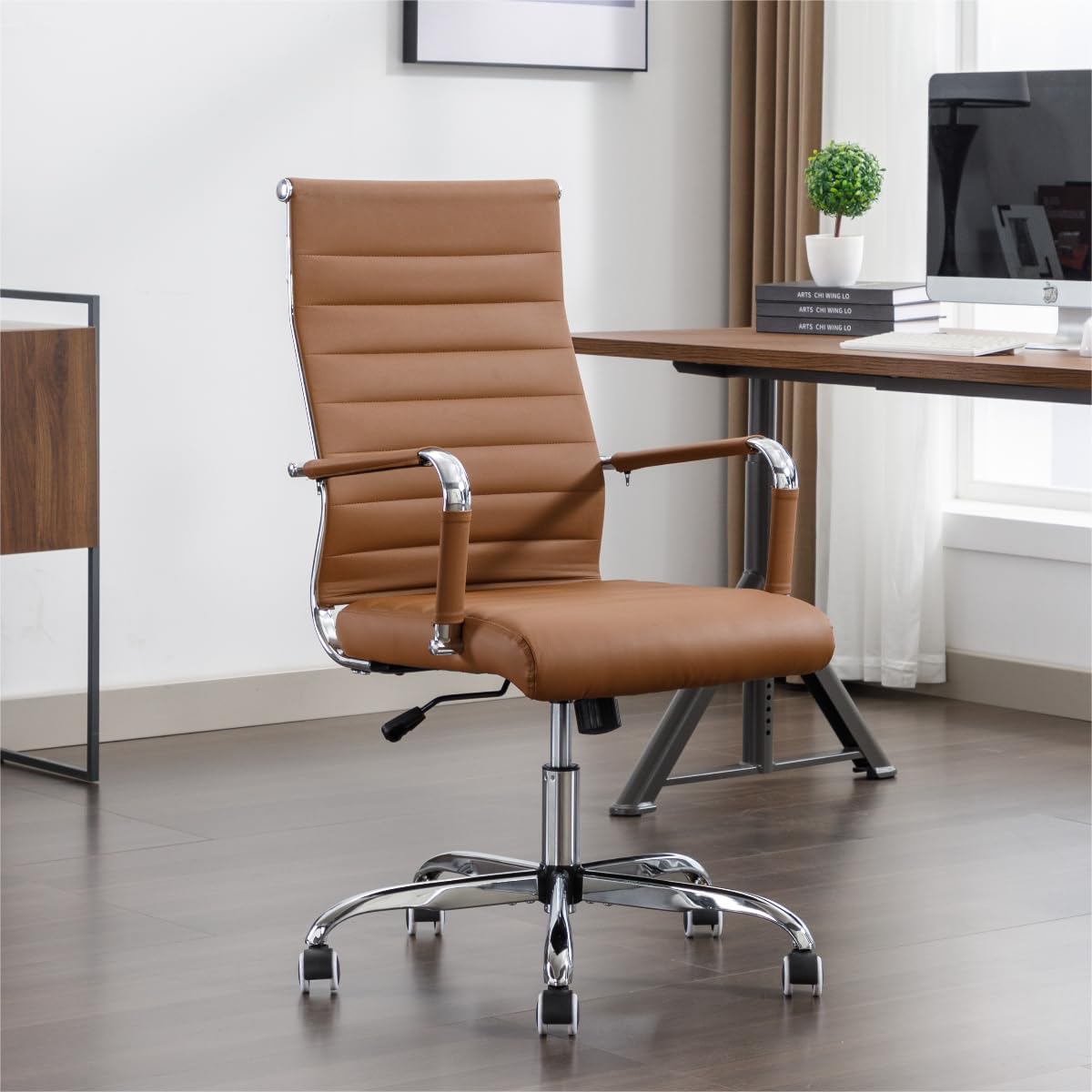 Office Desk Chair Leather, Conference Room Chairs with Wheels, Executive Modern High Back Ergonomic Swivel Rolling Ribbed Computer Chair
