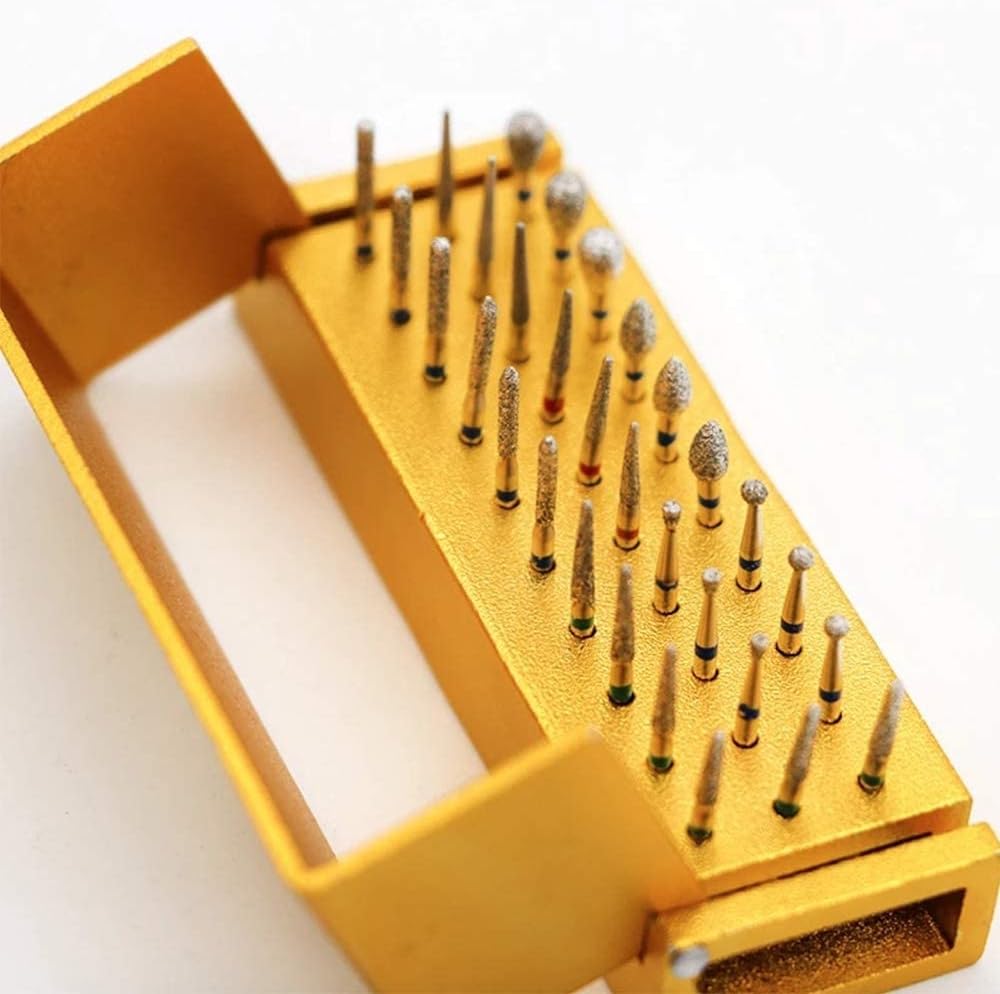 30 PCS High Speed Diamond Bur Set with Aluminum Alloy Shelf Polishing Drill Bit Burs Sanding Accessories Cutting Burrs Golden Color