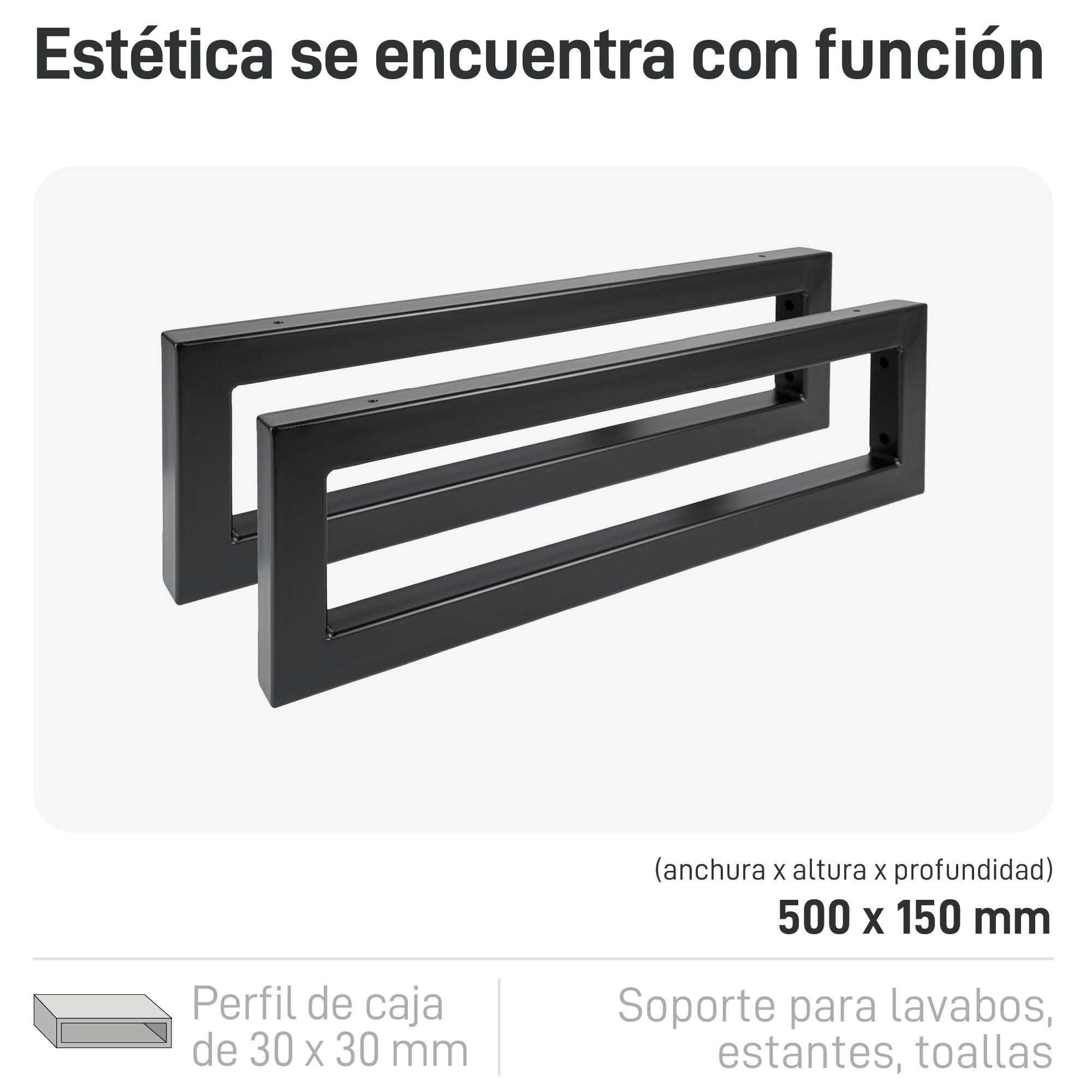 Natural Goods Berlin 2X Escuadras para Estanterías Rectangular | Soporte para Estante de Pared y Lavabo | Montaje en Pared Sencillo | Soporte de Estante de Metal en Negro | Toalleros de Baño | 500mm